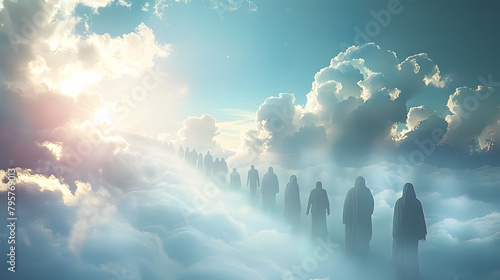people walking to the light in heaven. Standing in a row waiting to go to heaven in white clouds. Christian prayers are in queue praying to the Jesus. Believe
