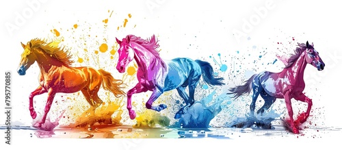 Colorful Horse on white background, abstract paint splashes oil painting, vibrant colors style.