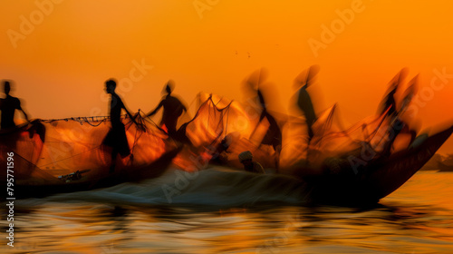 Group of fishermen haul fish caught in Nets boats sunset motion, blur. Collaboration Sustainability, Livelihood