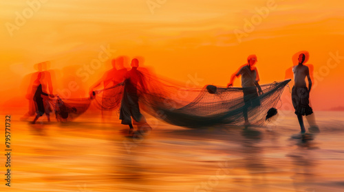 Group of fishermen haul fish caught in Nets boats sunset motion, blur. Collaboration Sustainability, Livelihood