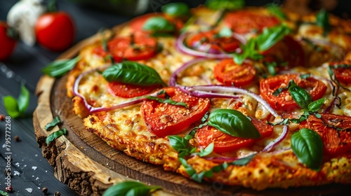 Vegetarian pizza, clean eating with a cauliflower crust, rich in toppings , photographic style