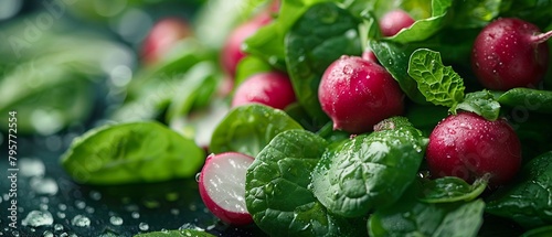 Farm fresh vegetarian salad, clean eating essentials like leafy greens and radishes , close-up