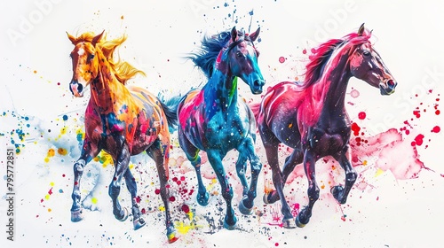 Three horses running, abstract image of a running horse splashed with paint on white background.