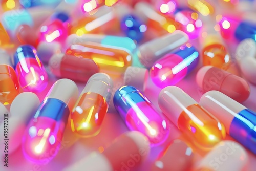 colorful pill capsules pile with modern light design pharmaceutical industry concept 3d rendering