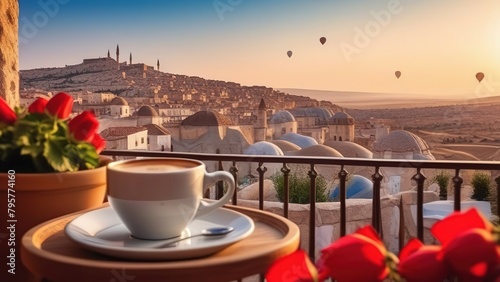 Traditional Turkish coffee on a balcony with the beautiful Turkish city of Cappadocia in the background, a cup of coffee or tea on a blurred background of an evening Turkish city with balloons