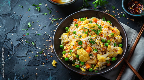 Cauliflower fried rice with carrots, peas, scrambled egg, and soy sauce.