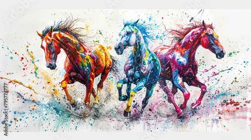 Horse painting using watercolor, Three horses running on white background.