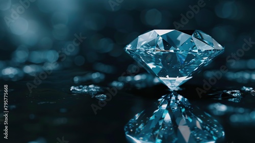 A single blue diamond on a dark background. Luxury jewelry concept.