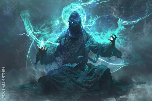 cyber monk shaman manipulating psychic energy digital fantasy illustration