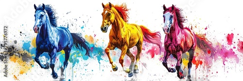 Abstract watercolor horse painting. Drawing of a running paint splashed horse on white background.