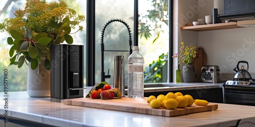 Modern kitchen interior features a home water filter system for clean, refreshing water straight from the tap. 💧🏠
