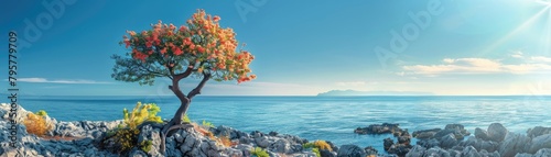 A flowery tree on a rocky seaside under a clear blue sky