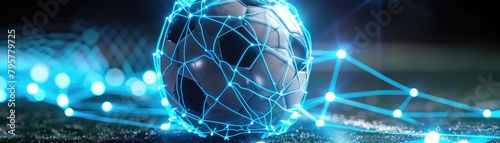 A glowing futuristic digital soccer ball entwined with blue neon lines