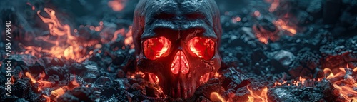 A menacing skull glowing red amongst smoldering ashes