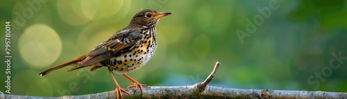 A thrush bird perched on a branch in its natural forest environment