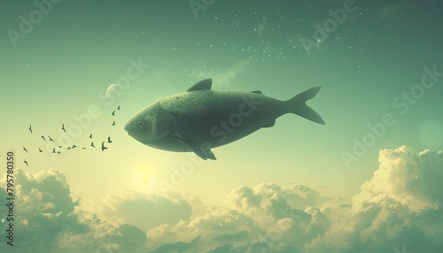 Fish swimming in the sky, an imaginative and surreal scene 🌥️🐟 Silvery fish float among the clouds, their scales reflecting the soft hues of the sky. This whimsical imagery evokes a dreamlike