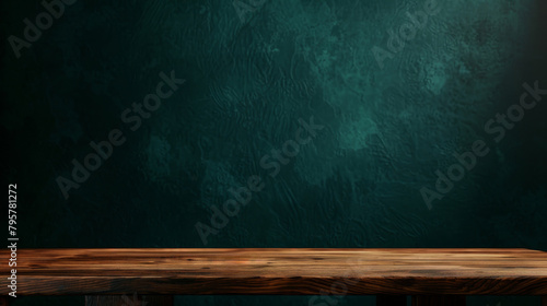 Wooden table and dark green textured wall, perfect for showcasing products
