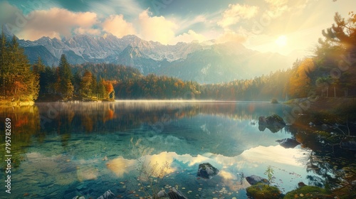 Beautiful autumn landscape of lake in front of mountains during sunset. AI generated image