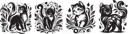cat black decoratiion vector, animal shape silhouette decorative vector, monochrome print clipart illustration, laser cutting engraving nocolor