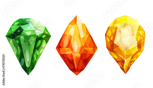  3 icons of yellow, brown and green gems on white background