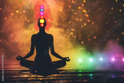 human meditating with glowing chakras and aura spiritual energy concept