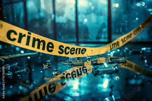A detailed capture of an ominous crime scene with focus on crime scene tape and scattered bullet casings on wet ground