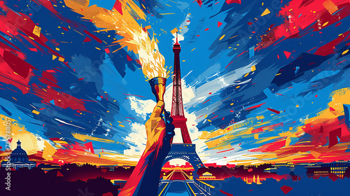 illustration in cartoon or icon style hand hold olympic torch Olympics in france paris with eiffel tower in background 