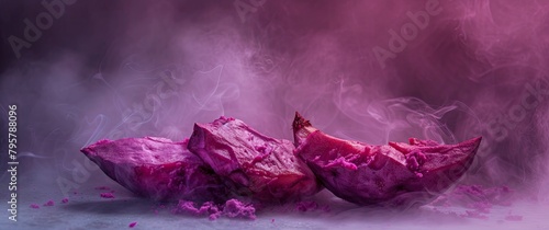 Vibrant purple sweet potatoes steaming gently in a pot. The swirling steam creates a cozy atmosphere, hinting at their warm, earthy aroma 🍠🌫️. Perfect for a comforting dish on a chilly day.