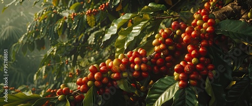 Coffee plant with lush green leaves showcases clusters of vibrant coffee beans. The deep red hues of the beans contrast beautifully with the foliage, suggesting a rich and promising harvest 🌱☕️.