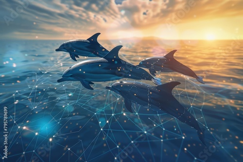 A pod of dolphins jumping out of the water with a beautiful sunset in the background