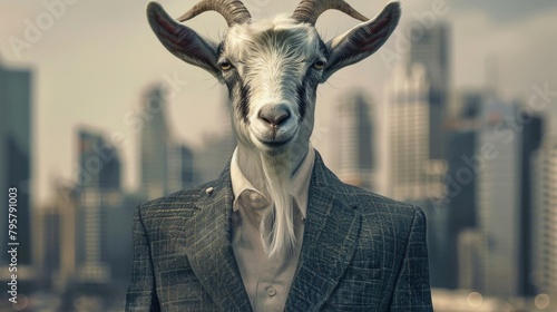 Goat in a Suit Against Urban Skyline