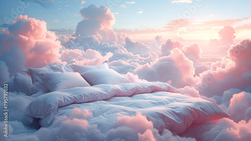 bed stand in a fluffy clouds in the sky symbolic for good sleep