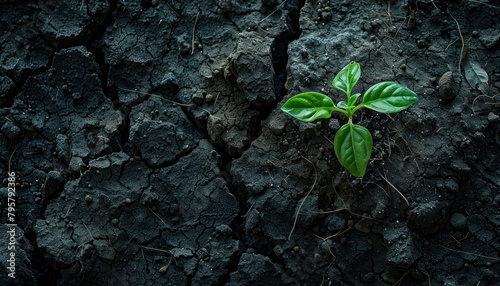 green plant sprouting in cracked drought stricken soil