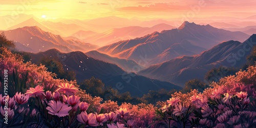 Mountain view with pink flowers blooming along the hillside 🌸⛰️ A sweeping landscape with vibrant pink hues and towering peaks, creating a stunning vista. Ideal for nature lovers seeking beauty and