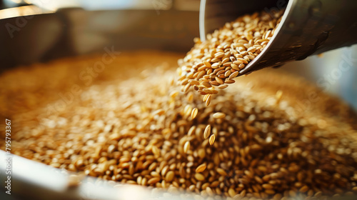 flowing grains of malt for brewing at a beer production facility