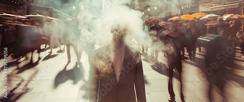 A man in a suit strolls down the street, exhaling smoke, adding a hint of mystery to the urban scene. 🚶‍♂️💨