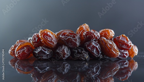 Glossy dates rest on a mirror, their rich brown tones deepened by the reflection below. 🍯✨ Each date, with its wrinkled texture, casts a shimmering shadow, creating a scene of warmth and indulgence.