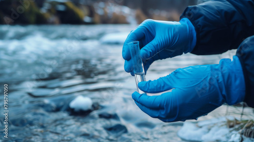 Scientist collecting water sample from a polluted river to test for contaminants