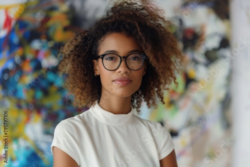 A stylish young woman in a white turtleneck and glasses stands confidently in front of abstract paintings