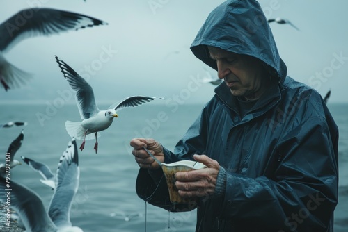 A hooded individual scatters food to gulls on a dreary day, the raindrops adding a dynamic element to the moody maritime scene
