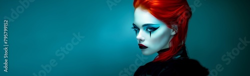 Portrait woman fiery red hair bold blue winged eye makeup teal background, copy space, fashion concept.