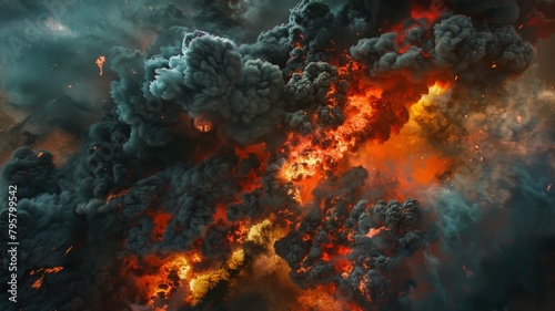 Immerse yourself in the spectacle of a large fireball erupting amidst swirling black smoke in this striking image