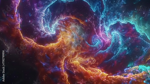 Immerse yourself in the vibrant cosmos of abstract neon fractals, swirling and pulsating against a backdrop of infinite space, captured with stunning clarity by an advanced HD camera