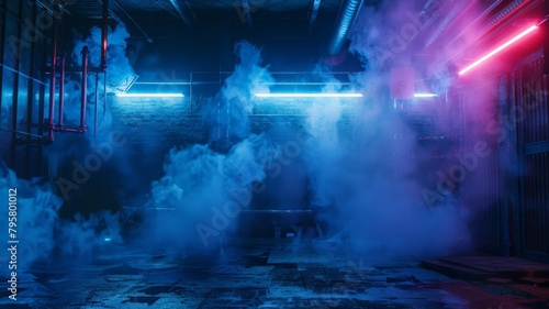 the abstract depths of a dark blue background, enveloped in wisps of smoke and smog, illuminated only by neon lights and distant spotlights, all rendered with impeccable realism by an HD camera