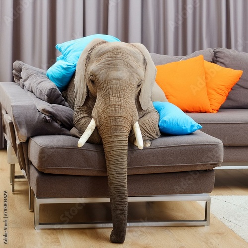 petit éléphanteau allongé sous un couette bleu sur un canapé en ia