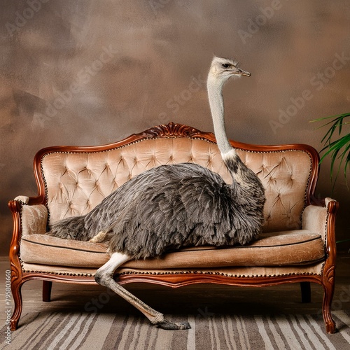 autruche posée sur un canapé de style en train de se reposer en ia