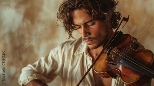 A man playing a violin with his hair in a messy style