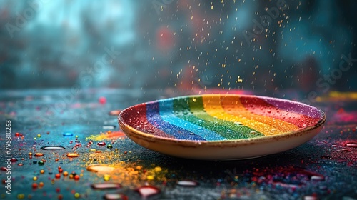 Colorful palette of acrylic paints in bowl on textured background, closeup