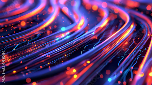 Fiber optic cables with vibrant blue and red lights, representing high-speed data transmission.