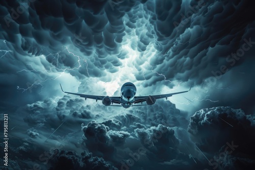 Commercial airplane approaching through a storm with visible lightning and heavy rainfall